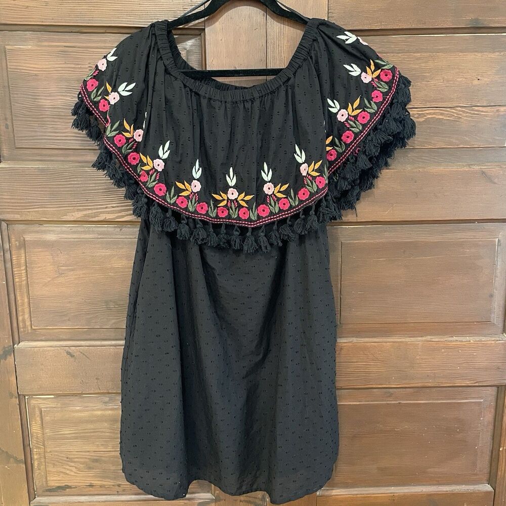 World Market Dress Small/Medium Black Embroidered Flowers Boho Bohemian Fringe